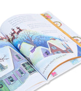 Inside pages of Santa Mouse book with snowy holiday illustrations