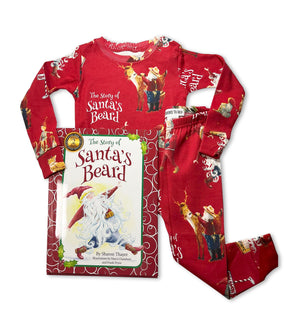 Red Santa's Beard pajama set with matching book, festive holiday print