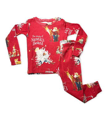 Red Santa's Beard pajama top and bottom with Santa and reindeer print