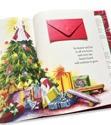 Inside page of Santa's Beard book with Christmas tree and presents illustration