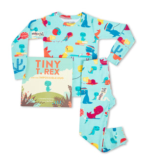 Tiny T. Rex and the Impossible Hug pajama set with matching book, dinosaur print