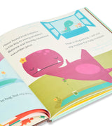 Open page from Tiny T. Rex and the Impossible Hug book, colorful dinosaur illustrations