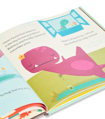 Open page from Tiny T. Rex and the Impossible Hug book, colorful dinosaur illustrations