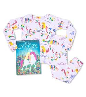 Uni the Unicorn pajama set with matching book, colorful unicorn and flower print