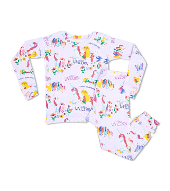 Uni the Unicorn pajama set laid flat, featuring unicorn and flower illustrations