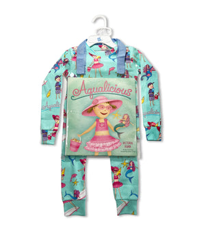 Aqualicious pajama set with matching book by Victoria Kann, aqua color, ocean theme