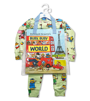 Children's pajama set with Richard Scarry's Busy, Busy World book in front