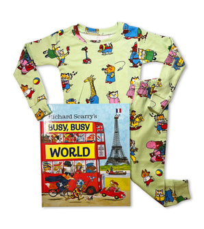 Green pajamas with Richard Scarry character print and Busy, Busy World book