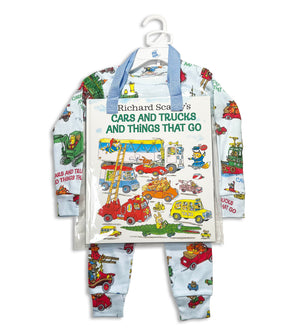 Children’s pajama set with colorful vehicles and Cars and Trucks and Things That Go book