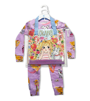 Florabelle pajama set with book; purple pajamas featuring playful illustrations and matching storybook