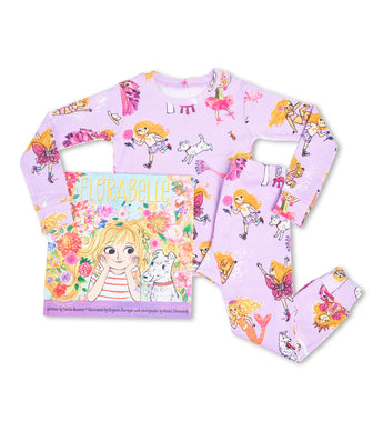 Florabelle pajama set displayed with included book; whimsical print on lavender pajamas