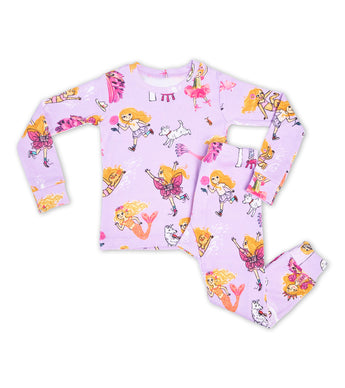 Florabelle lavender pajama set with imaginative character and dog print