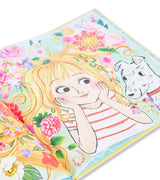 Open Florabelle book with illustrated girl and dog surrounded by flowers