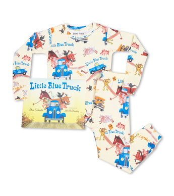 Little Blue Truck pajamas and book displayed together