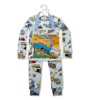 The Little Engine That Could pajama set with matching hardcover book in front