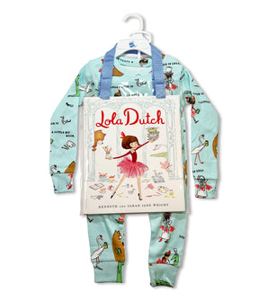Lola Dutch pajama set with matching hardcover book, illustrated characters on light blue fabric
