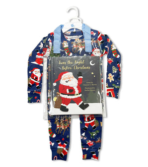 Navy pajama set with Santa and reindeer print, includes 'Twas The Night Before Christmas' book