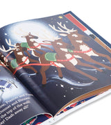 Illustrated book spread with Santa's reindeer flying through the night