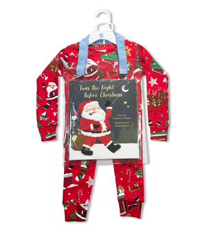 Red Christmas-themed pajama set with 'Twas The Night Before Christmas book
