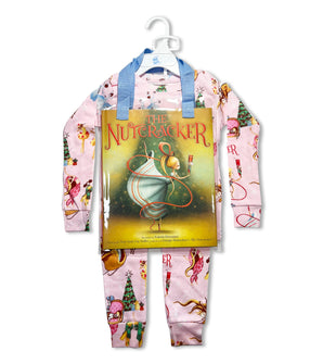 The Nutcracker pajama set with book; pink pajamas featuring Nutcracker ballet characters and included storybook.