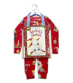 Red Santa-themed pajama set with 'The Story of Santa's Beard' book included