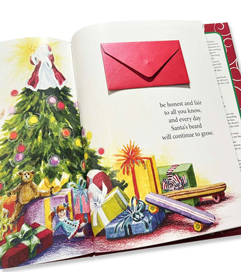 Inside page of Santa's Beard book with Christmas tree and presents illustration
