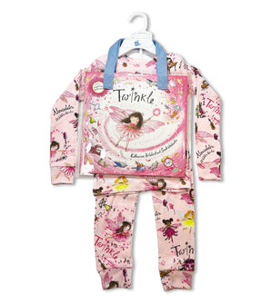 Twinkle pajama set with book featuring pink fairy print and matching storybook