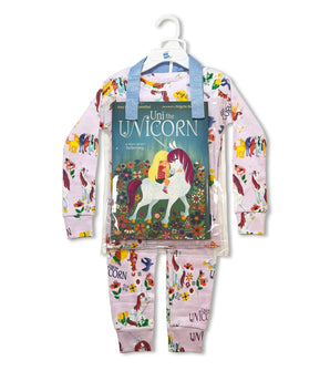 Uni the Unicorn pajama set with matching book displayed on hanger