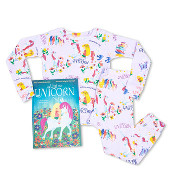 Uni the Unicorn pajamas and book side by side
