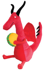 Soft red dragon plush holding a taco, inspired by Dragon Loves Tacos