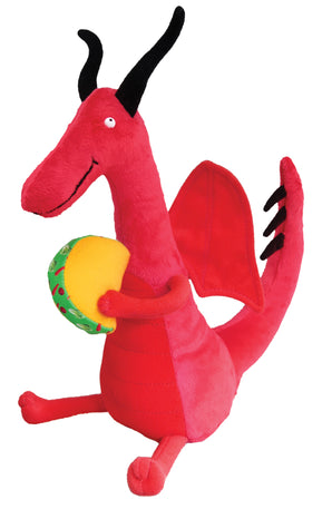 Soft red dragon plush holding a taco, inspired by Dragon Loves Tacos