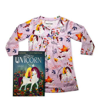 Uni the Unicorn nightdress and hardcover book displayed together