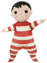 Plush doll in red and white striped pajamas with dark hair and friendly face
