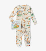 Cream baby coverall with "Guess How Much I Love You" bunny print and matching book