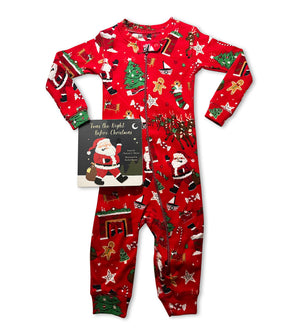 Red baby coverall with festive Christmas print and matching 'Twas the Night Before Christmas book