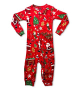 Red holiday baby coverall with Santa, trees, and gingerbread designs