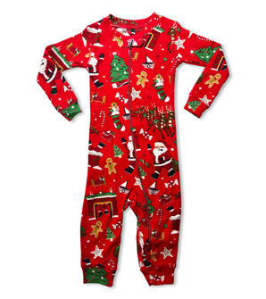 Red holiday baby coverall with Santa, trees, and gingerbread designs
