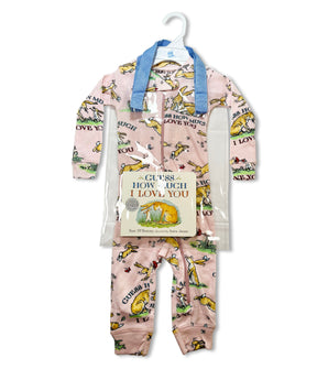 Pink baby coverall with Guess How Much I Love You book and bunny illustrations