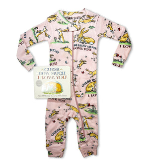 Guess How Much I Love You baby coverall and book, bunny print on pink pajamas