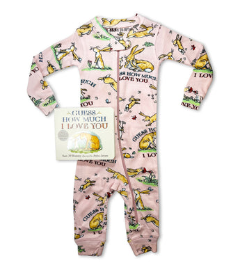 Guess How Much I Love You baby coverall and book, bunny print on pink pajamas