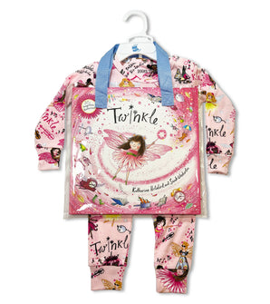 Twinkle baby pajama set with matching book, fairy print, on hanger