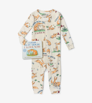 Cream baby coverall with "Guess How Much I Love You" bunny print and matching book